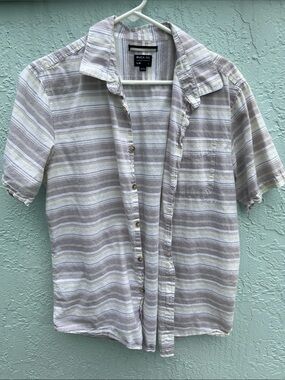 RVCA Short Sleeve Striped Button-Up Shirt in Light Gray, White and Yellow